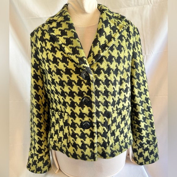 600 West Houndstooth Wool Jacket Coat Blazer Black Green Size 14 - Picture 1 of 13